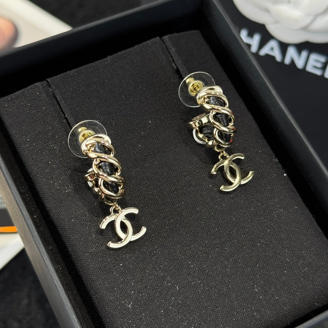 Chanel C2 Double C Black Leather Rope Earrings