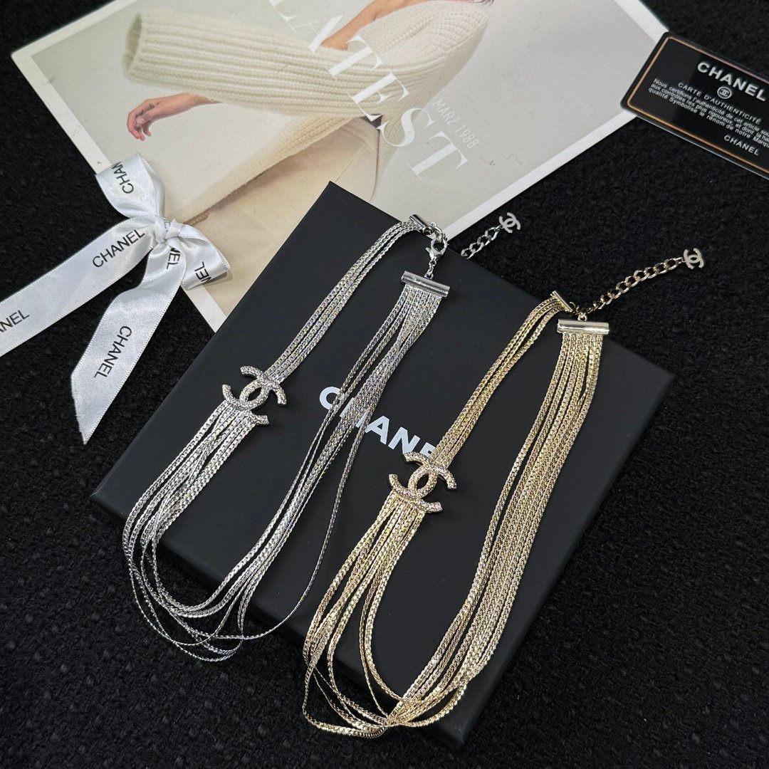 Chanel Silver Gold Double C Multi Layer Snake Bone Chain Necklace
