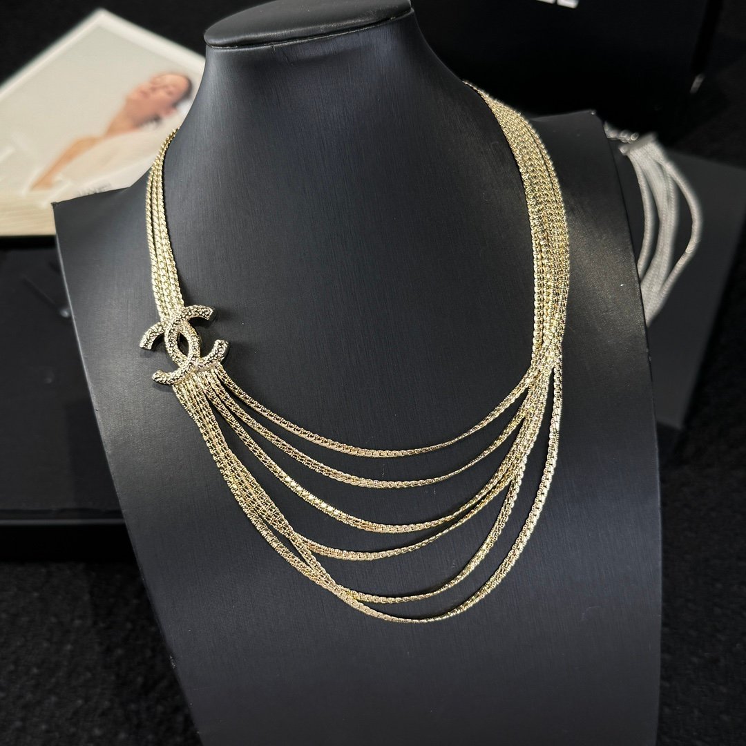 Chanel Silver Gold Double C Multi Layer Snake Bone Chain Necklace - Image 4
