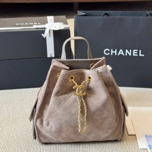 Chanel fashion show grey suede hobo playful leather bag double c drawstring chain armpit bag small size