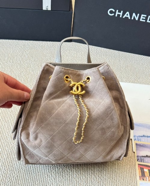 Chanel fashion show grey suede hobo playful leather bag double c drawstring chain armpit bag small size - Image 2