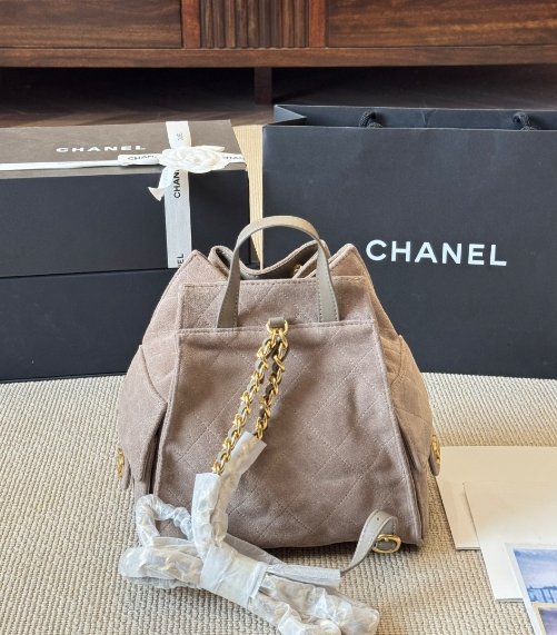 Chanel fashion show grey suede hobo playful leather bag double c drawstring chain armpit bag small size - Image 7