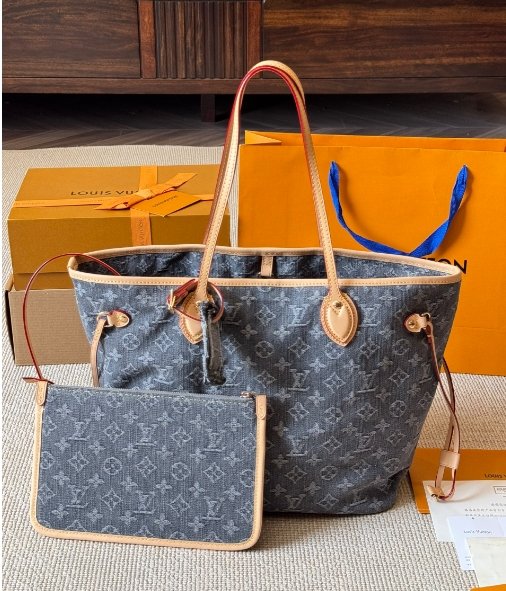 Louis Vuitton women's bag denim fabric NEVERFULL shopping bag