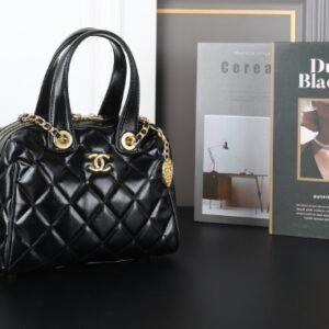 Chanel women's bag black oil wax leather gold double C bowling bag double handle handbag 25 new styles